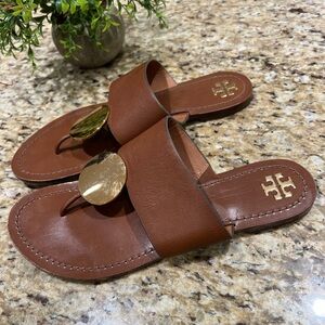 Tory Burch Patos Disk Brown Leather Flat Sandals 9.5